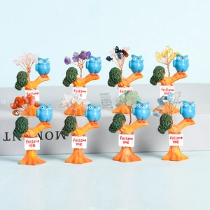 Natural crystal owl tree figurine with colorful tumbled stones for home office decoration