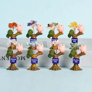 Set of 8 owl crystal money trees with resin base and diverse natural gemstones for home decor