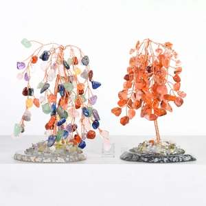 Handmade amethyst and agate crystal trees with copper wire on natural stone bases