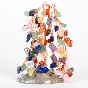 Handmade gemstone tree with copper wire branches on natural agate slice base
