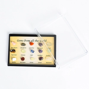 Miniature collection of 15 natural mineral crystal specimens in a black display box