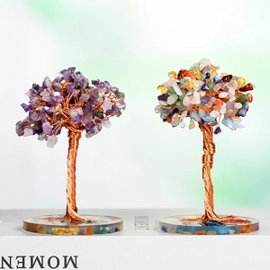 Handmade amethyst and colorful crystal gemstone trees with copper wire on resin base