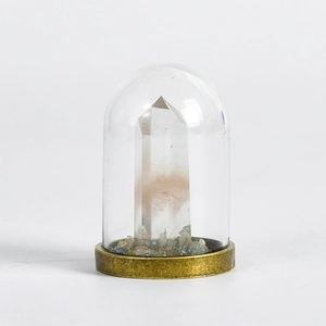 Natural crystal pillar in glass dome with brass base for home decor and specimen display