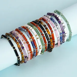 Natural Stone Beaded Bracelet Cylindrical Tube Crystal Round Beads Metal Spacers Bohemian Stretch Jewelry For Women Men