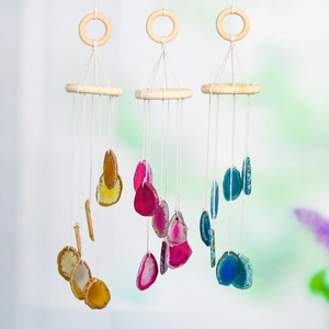 Natural Agate Slices Wind Chime Hanging Ornament Wood Ring Cotton Rope Boho Home Decor Wall Window Decor For Living Room Balcony
