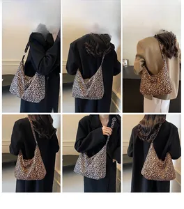Multiple views of a large leopard print canvas tote bag showing fashion style and fit