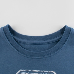 Dark blue round neck cotton T-shirt featuring reinforced stitching and screen printing