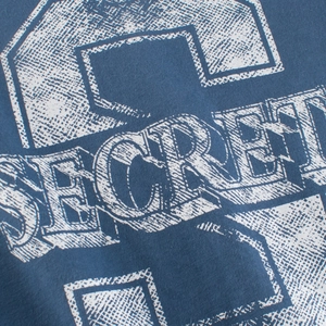 Blue cotton T-shirt for boys with vintage SECRET graphic print and textured blue fabric