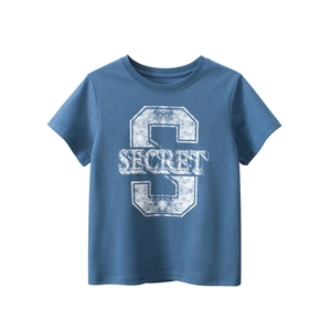 Short sleeve blue cotton T-shirt for boys featuring a vintage secret letter print