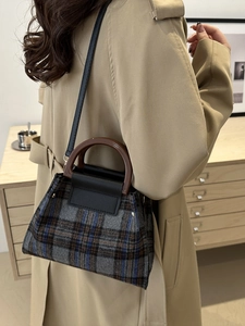 Sac à Épaule en Laine à Carreaux Vintage pour Femmes Style Britannique Motif Grille Sac à Main Avec Poignée Ronde