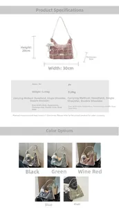 Size chart for PU leather tote bag measuring 30x20x8cm available in five diverse colors