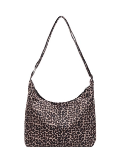 Leopard print canvas hobo bag with adjustable strap and top zipper in half-moon shape