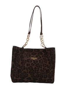 Brown leopard print tote bag with metal chain strap and large capacity design