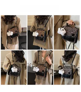 Detailed views of leopard print backpack with black flap and plush panda charm on models