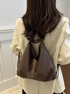 Retro dark brown large capacity tote backpack with vintage leather texture for women
