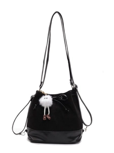 Retro black bucket backpack for college with drawstring closure and plush pendant