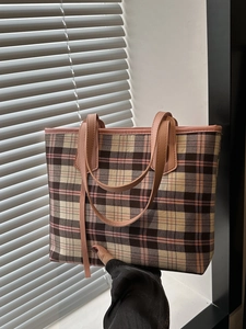 Large Capacity Plaid Tote Bag Canvas PU Leather Shoulder Handbag Daily Commuter Retro Korean Style For Women