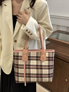 Fashionable plaid tote bag with pink faux leather handles for women commuting in style