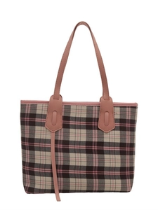 Pink and black plaid tote bag with faux leather handles and decorative tassel strap