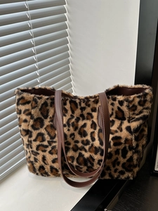 Sac Fourre-Tout En Fausse Fourrure Imprimé Léopard Sac À Main Grande Capacité Avec Lanières En Cuir PU Pour Femmes