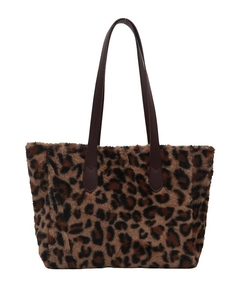 Grand sac cabas léopard en fausse fourrure avec anses en cuir pour l'automne et l'hiver