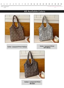 Detail of leopard print canvas tote bags in yellow, beige and brown color options