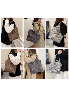 Multiple views of large leopard print canvas tote bag styled with casual outfits