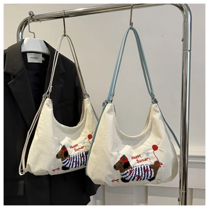 Sac fourre-tout en velours côtelé blanc brodé de teckel style universitaire