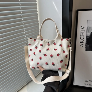 Women Fashion Strawberry Floral Corduroy Canvas Tote Bag Large Capacity Casual Crossbody Shoulder Bag With Adjustable Strap