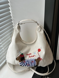 Sac Hobo En Velours Côtelé Brodé Chien Teckel Mignon Sac À Main Épaule Décontracté Grande Kapazität Pour Femmes Étudiantes