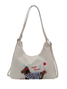 Sac hobo en velours côtelé crème avec broderie teckel et bandoulière réglable