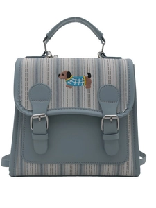 Blue plaid British style college backpack with cute puppy embroidery and twin straps