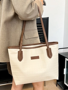 Große Canvas-Tragetasche mit braunem Lederbesatz für Damen zum täglichen Pendeln