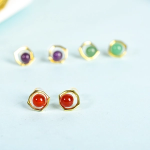 Geometric hexagon gold earrings set with colorful natural crystal beads and silica plugs