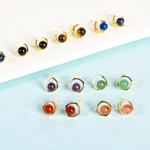 Square geometric stud earrings with natural crystal stone beads and gold metal frames