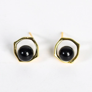 Geometric gold hexagon earrings with natural black crystal stone beads for women