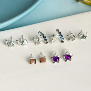 Natural crystal and S925 silver stud earring set featuring fox, butterfly and moon motifs