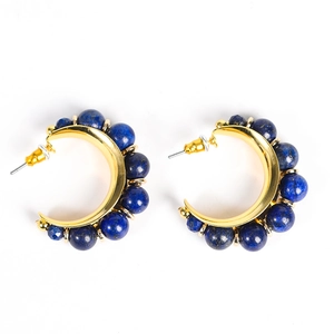 Bohemian gold-plated C-shaped hoop earrings featuring natural deep blue crystal round beads