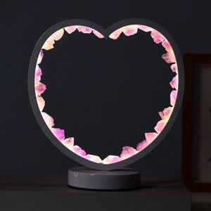 Heart-shaped crystal lamp with purple natural stones and minimalist white round base