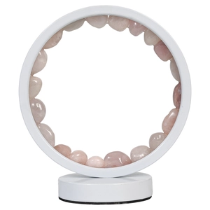 Minimalist white circular desktop night light featuring natural raw pink crystal stones