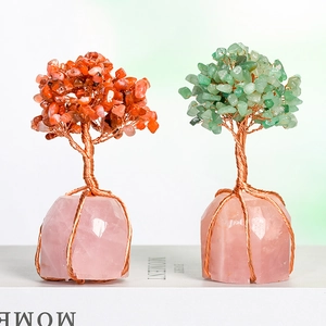 Alberi della vita artigianali con base di quarzo rosa e foglie di avventurina e agata