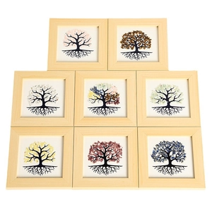Set of 8 square wooden frames featuring Tree of Life crystal stone wall art decor