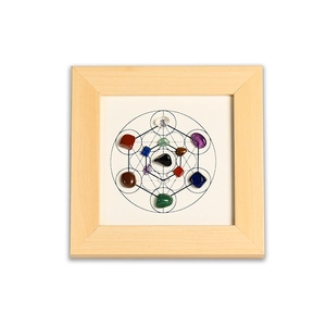 Metatron Cube wooden frame with natural healing crystals and polished gemstones