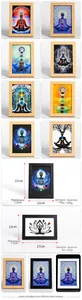 Detail view of 12x17cm wooden meditation frames showing 8 chakra and yoga art designs