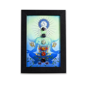3D Yoga meditation wall art with 7 chakra gemstones in a sleek black wooden frame