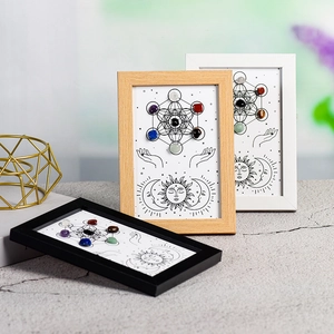 Metatron crystal grid wooden frames with sun moon motifs and natural gemstones