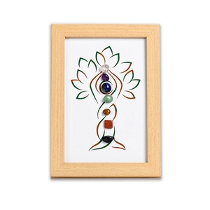 Chakra Tree of Life energy stone wall art in a light wood frame for home decor