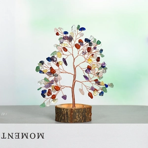 Naturkristallbaum mit bunten Steinen auf Echtholzsockel für Heim und Büro Dekoration