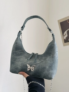 Damen Schmetterling Metallschnalle Denim PU Leder Umhängetasche Y2K Hobo Achseltasche Mit Kette Modische Crossbody Handtasche