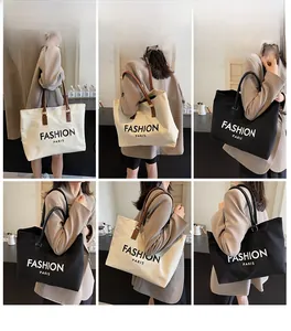 Collage of model carrying a large canvas tote bag in black and white styles